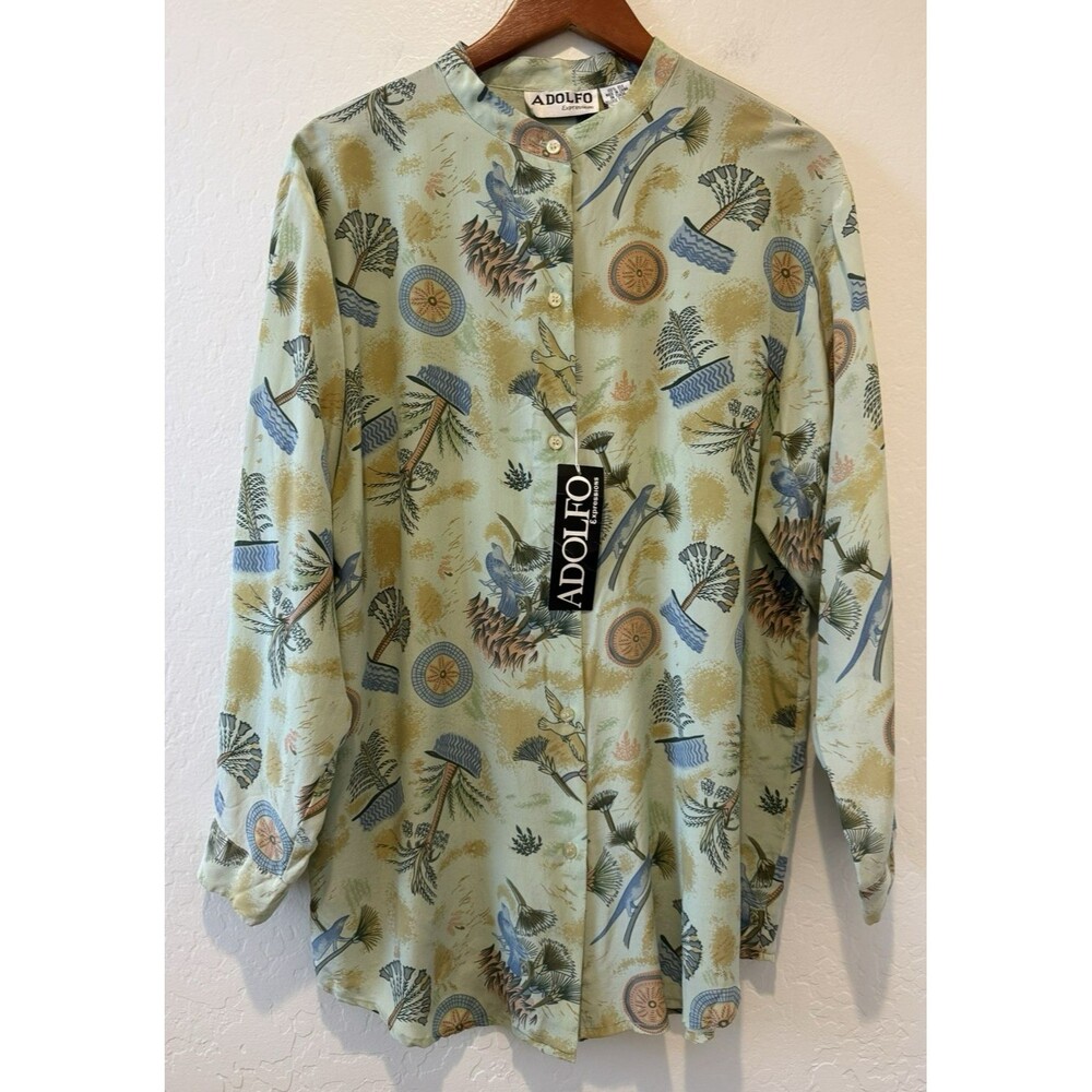 NWT Vintage Adolfo Expressions 100% Silk Medium Button Blouse Asian Floral Bird
